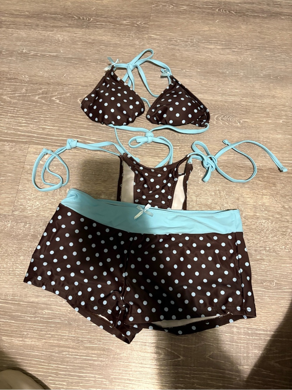 Girls Brown Polka Dot Tankini with Light Blue Trim - size small